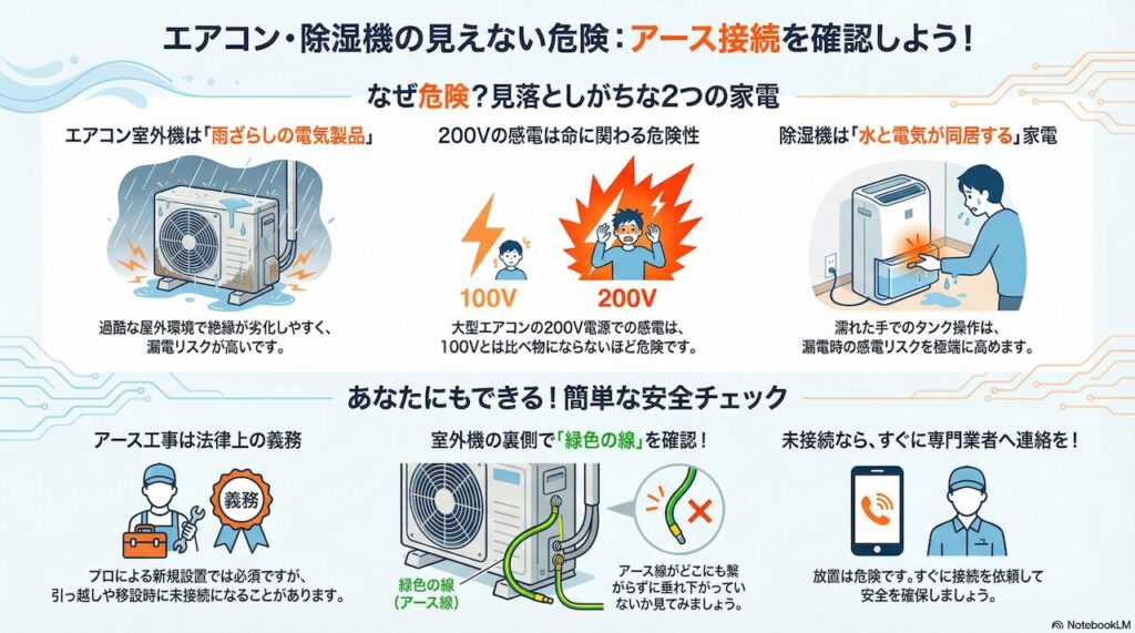 エアコンの室外機や除湿機もアース接続が重要