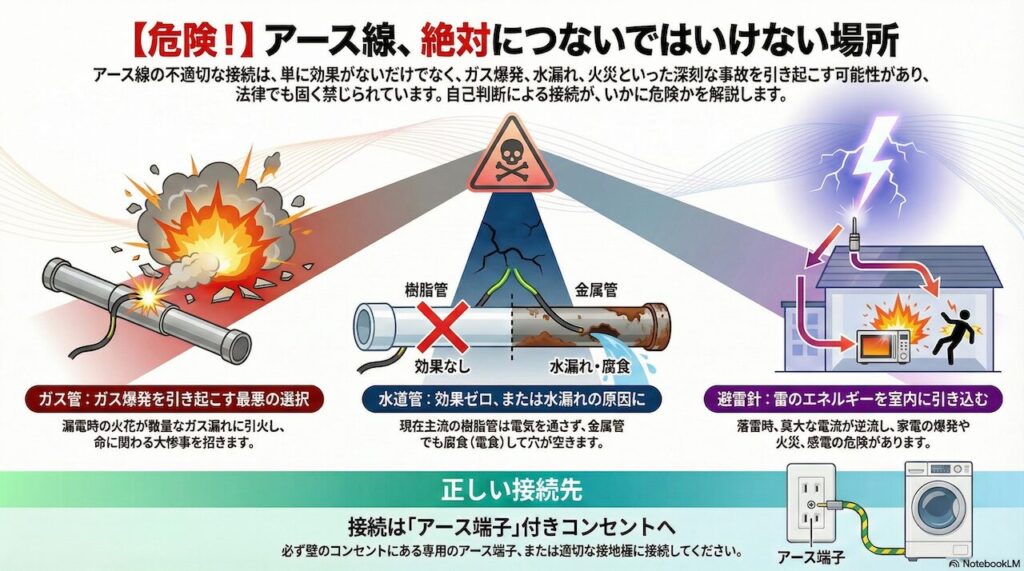 水道管やガス管への接続は絶対にNG