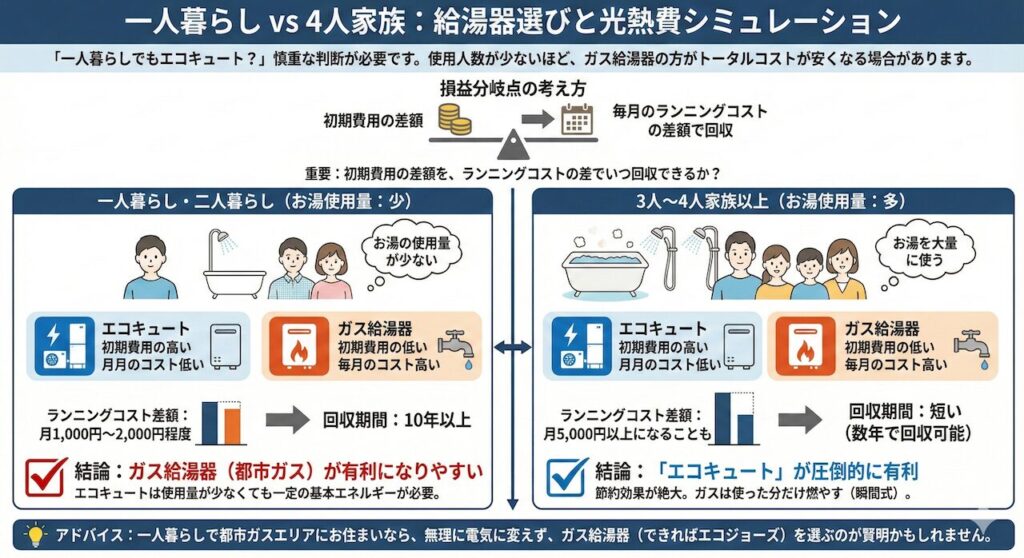 一人暮らしと4人家族での光熱費の違いをシミュレーション
