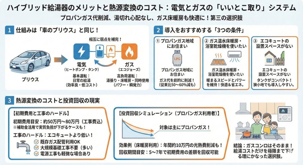 ハイブリッド給湯器のメリットと熱源変換のコスト