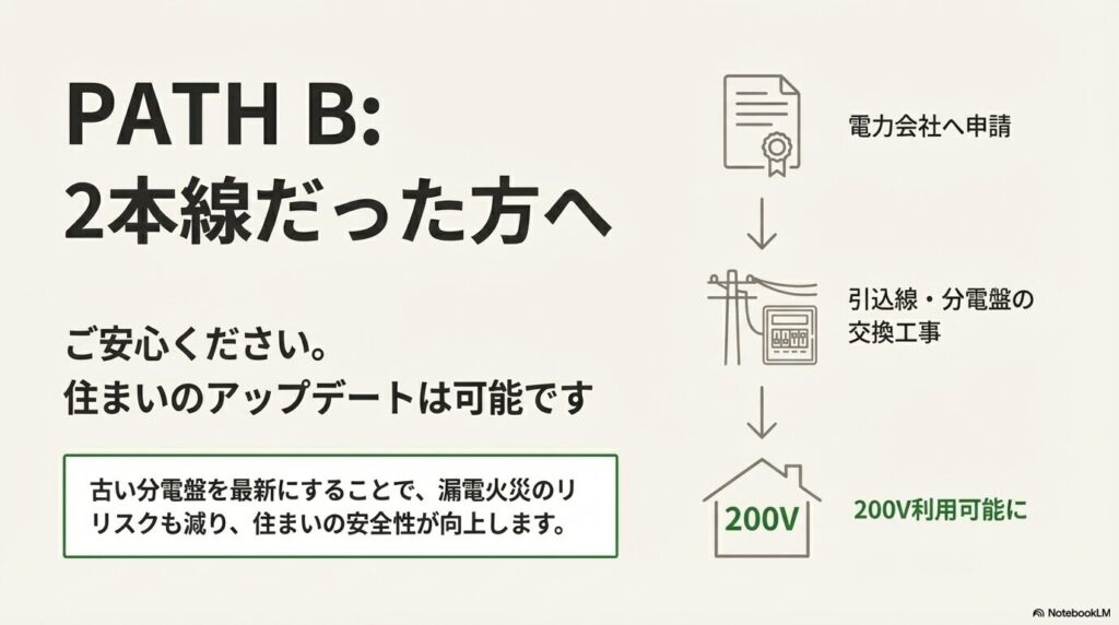 単相2線式の場合でも、電力会社への申請と引込線・分電盤交換工事を行えば200Vが利用可能になることを示すフロー図。