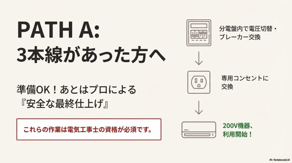 分電盤内での電圧切替、ブレーカー交換、専用コンセント交換という、プロが行う安全な最終仕上げ工事の流れ。