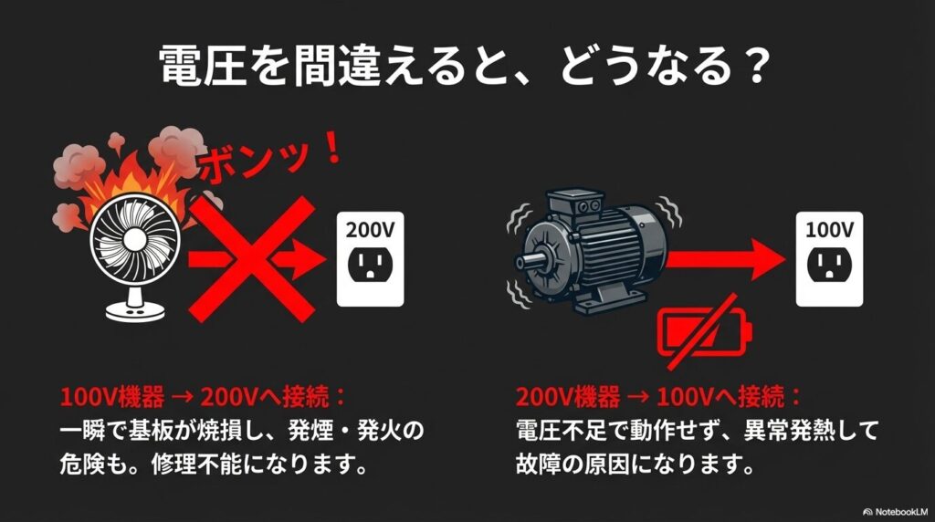 100V機器を200Vに繋いで発火する様子や、200V機器を100Vに繋いで動作不良を起こす様子を描いた警告イラスト。