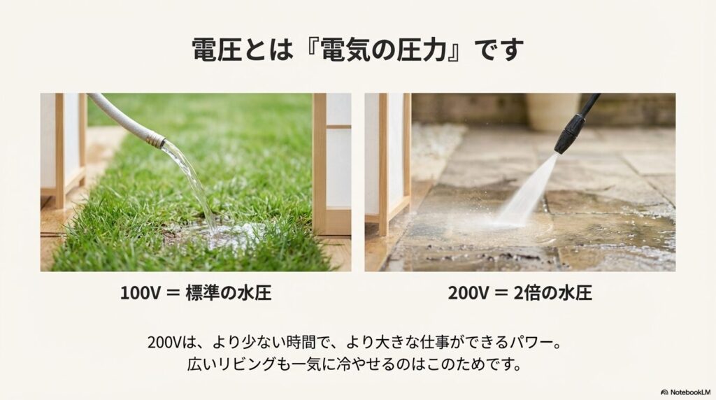 100Vを標準の水圧、200Vを2倍の水圧に例え、洗浄機などのパワーの違いを表現したイメージ画像。