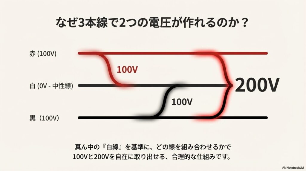 赤・白・黒の3本の線の組み合わせによって、100Vと200Vを取り出せる配線の仕組みを解説した図解。