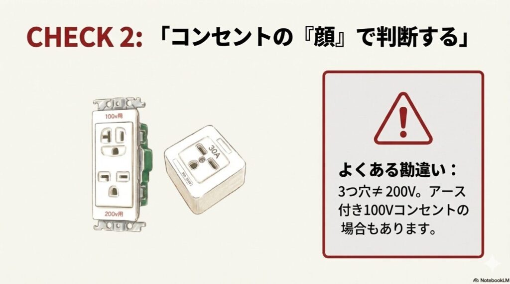 100V用と200V用のコンセントの差込口の形状（顔）の違いを比較したイラスト。3つ穴でも100Vの場合があるという注意書き付き。