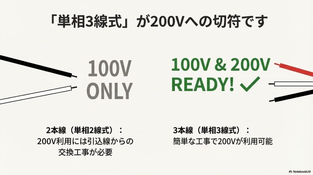 電線が3本ある「単相3線式」は200V利用可能、2本線の「単相2線式」は100Vのみであることを示す比較図。
