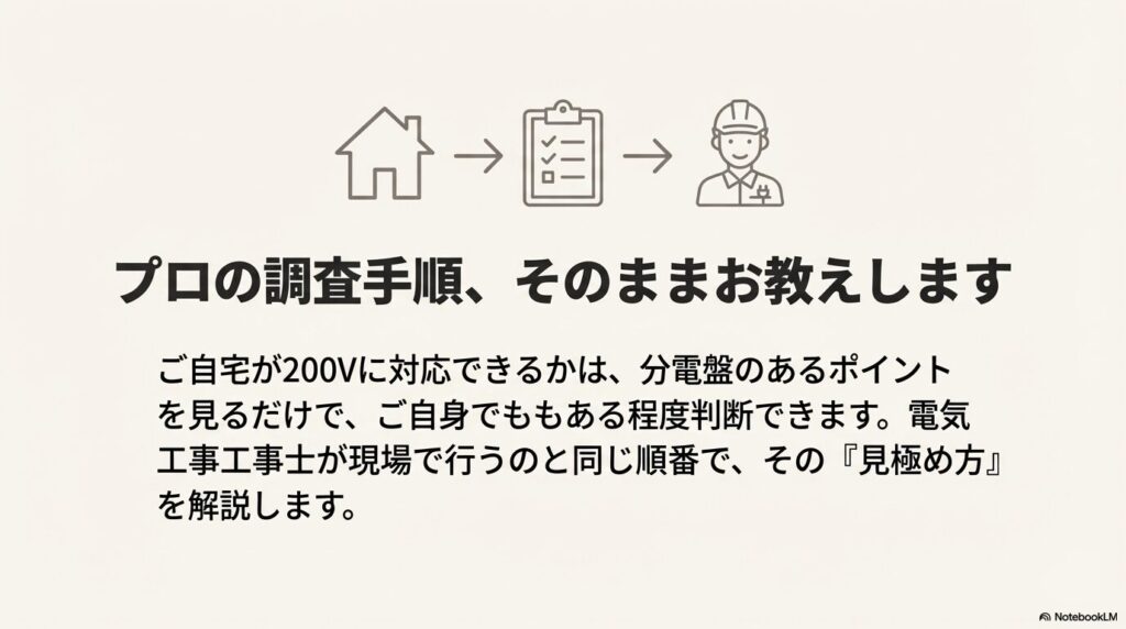 家の分電盤を確認し、電気工事士が診断するまでの流れを示したフローチャートイラスト。