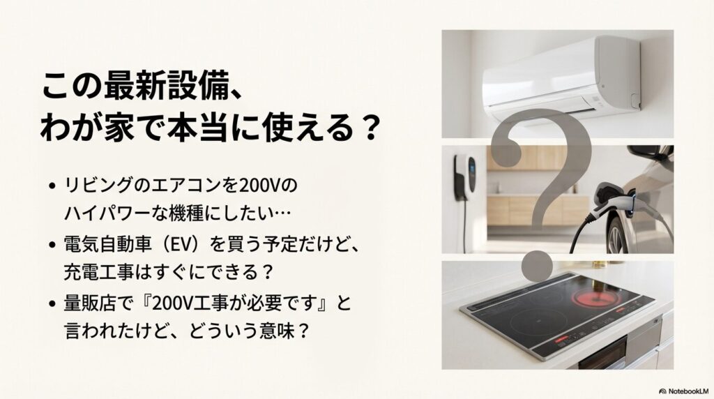 リビングのエアコン交換やEV充電器の導入時に、「200V工事が必要」と言われて戸惑うユーザーの悩みをリスト化したイラスト。