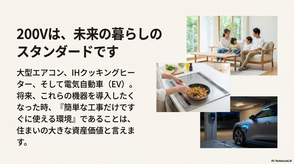 EVやIHなどの普及に伴い、すぐに200Vが使える環境は住まいの資産価値になることを説明した画像。