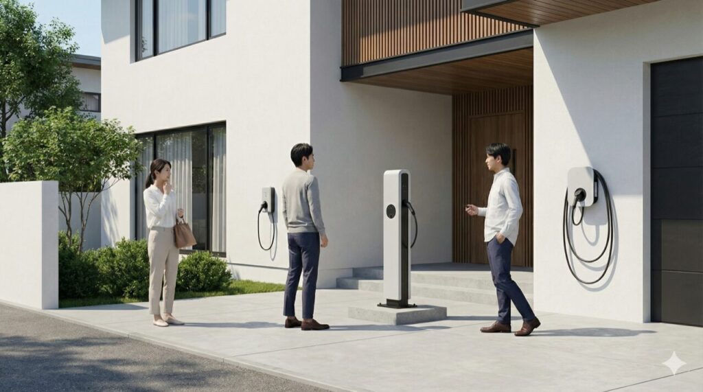 日本の住宅の駐車場で、日本人の家族と工事担当者が壁付け・スタンド・ケーブル一体型の充電設備を検討している。