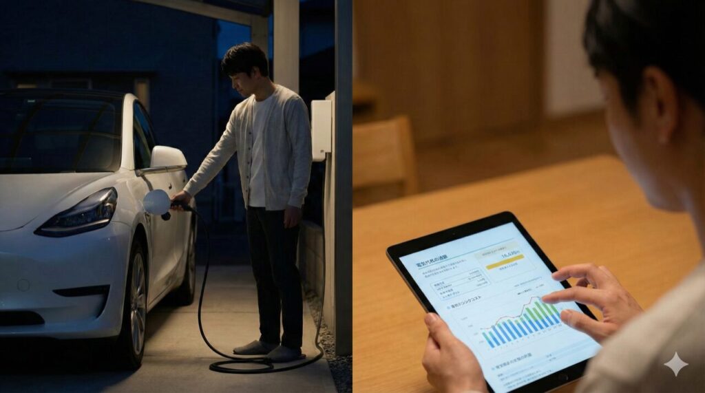 夜間に自宅でEVを充電しながら、日本人の家族がタブレットで電気料金プランとランニングコストを確認している。