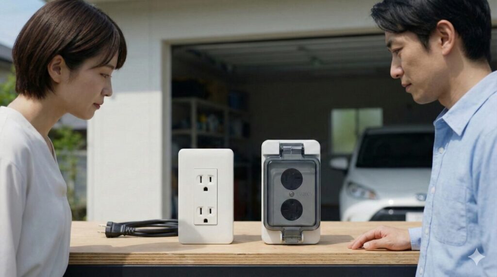 施主が電気工事士と一緒に、標準型とカバー・鍵付きのEV用200Vコンセントを見比べている場面。