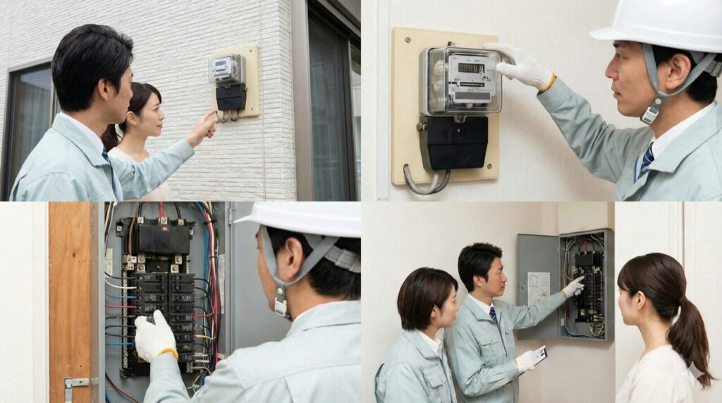 施主が屋外メーターと分電盤を電気工事士と確認し、200V化の可否を点検している様子。