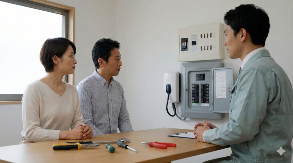住人が資格者から、EV充電の専用回路や分電盤の安全対策について説明を受けている場面。