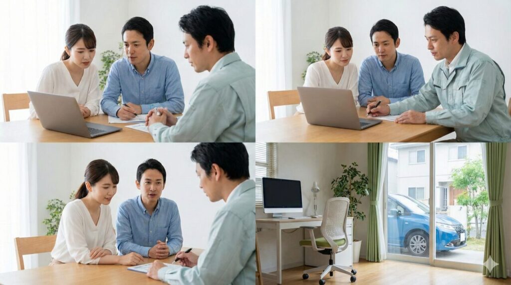 施主がパソコンで補助金要件を確認し、工事前の申請タイミングを電気工事士と相談している。