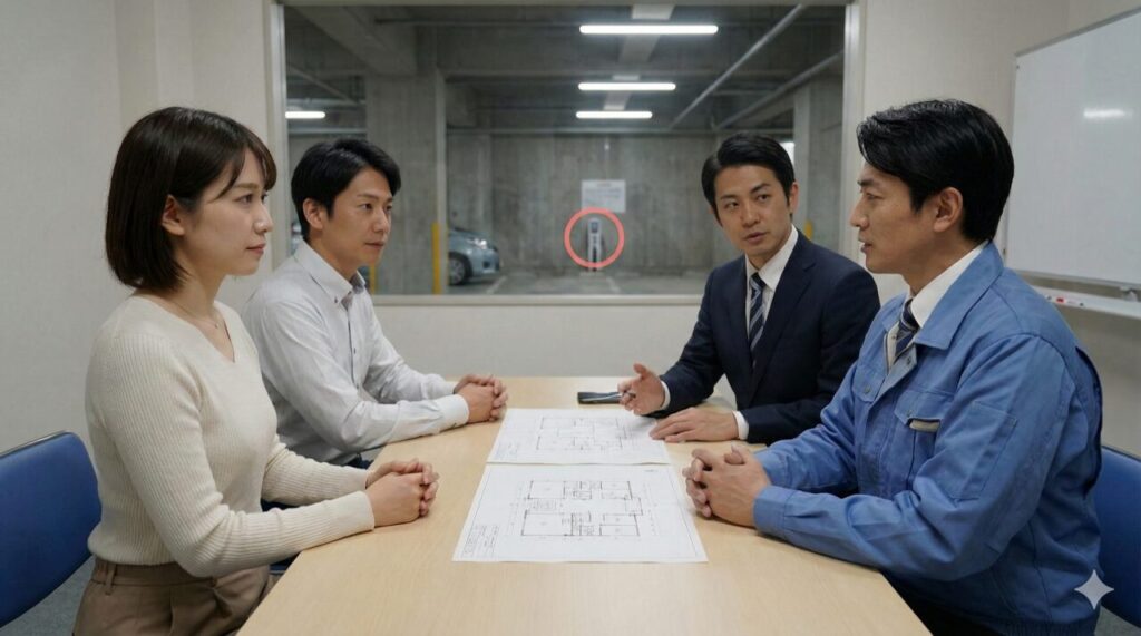 マンション管理スペースで、日本人の住民と管理側が集合住宅向けEV充電サービスの担当者と導入を相談している。