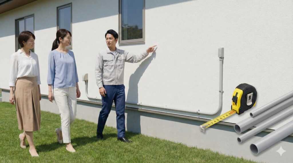 施主が外壁沿いで電気工事士と配線距離を測り、露出配線と隠蔽配線のルートを比較している。