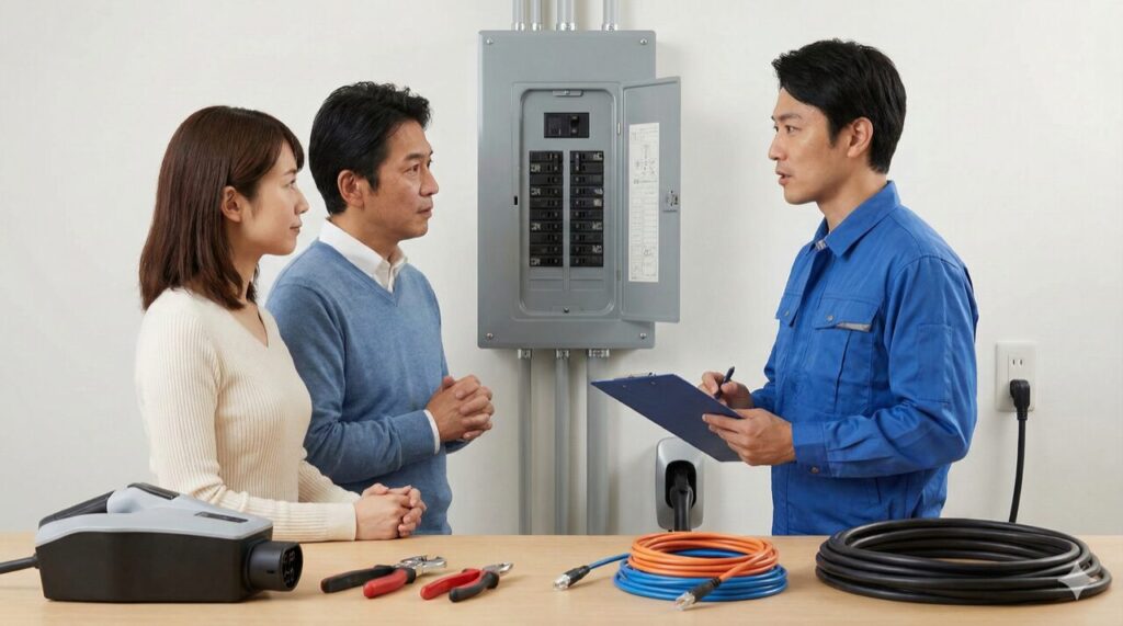 戸建ての分電盤前で、電気工事士と日本人の家族がEV充電用200Vコンセント工事の見積もり内訳を確認している様子。