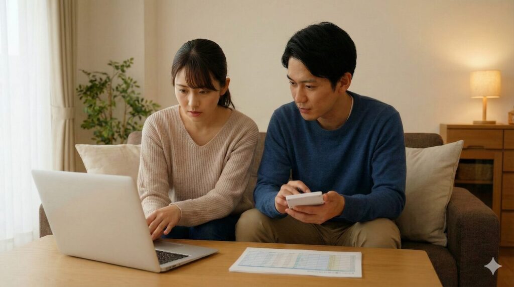 家族が電卓とPCを使い、月額プランと買い切り工事の総コストを見比べている場面。