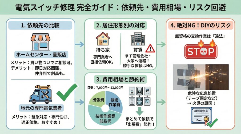 電気スイッチ修理完全ガイド：依頼先・費用相場・リスク回避