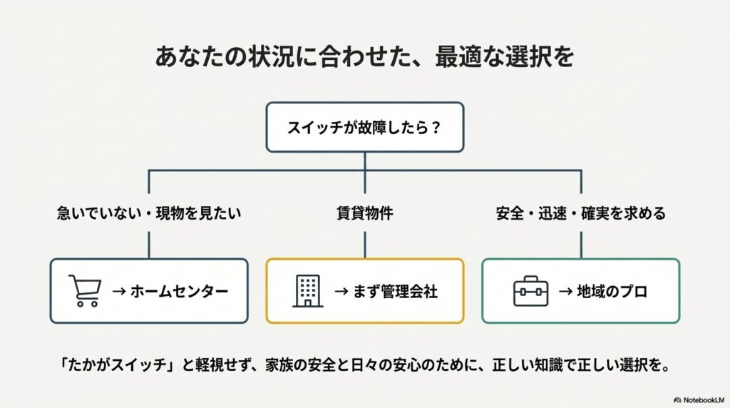 「急いでいない」「賃貸物件」「安全・確実を求める」という状況別に、ホームセンター、管理会社、地域のプロのどこに頼むべきかを分類したフローチャート。