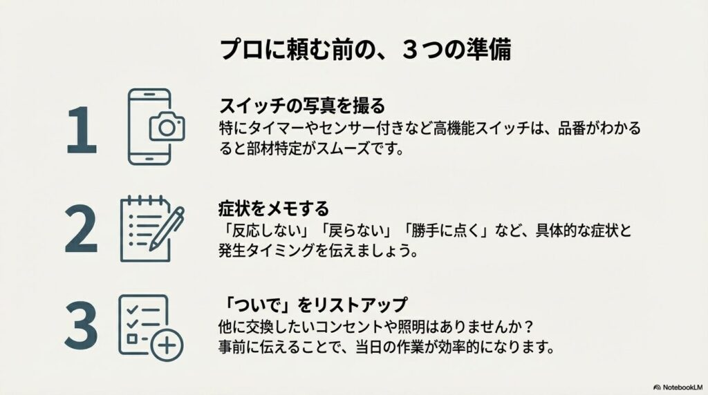 プロに依頼する前に準備するとスムーズな3つのこと。「スイッチの写真を撮る」「症状をメモする」「ついでをリストアップする」手順を示したイラスト。