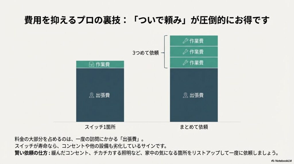 修理費用の内訳グラフ。大部分を「出張費」が占めるため、個別に頼むよりもコンセントなどをまとめて依頼した方が圧倒的にお得になることを示した比較図。