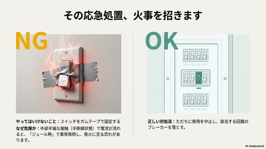 スイッチをガムテープで固定した画像と、それが原因で発熱・発火するリスクがあることを警告する「NG」マーク付きの解説図。