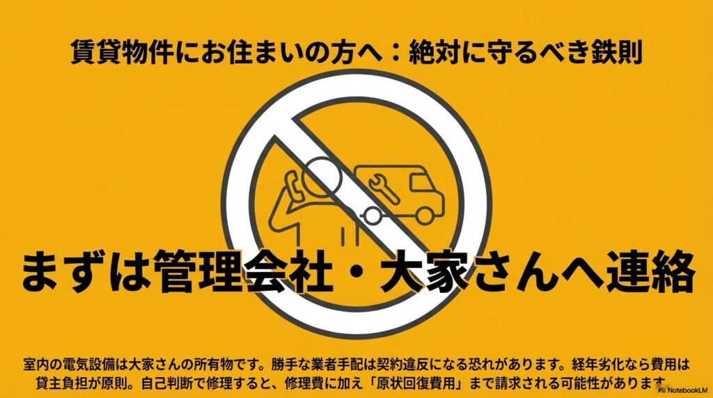 賃貸にお住まいの方への注意喚起。室内の電気設備は大家さんの所有物であるため、勝手な修理はNGであり、まずは管理会社へ連絡すべきであることを示したスライド。