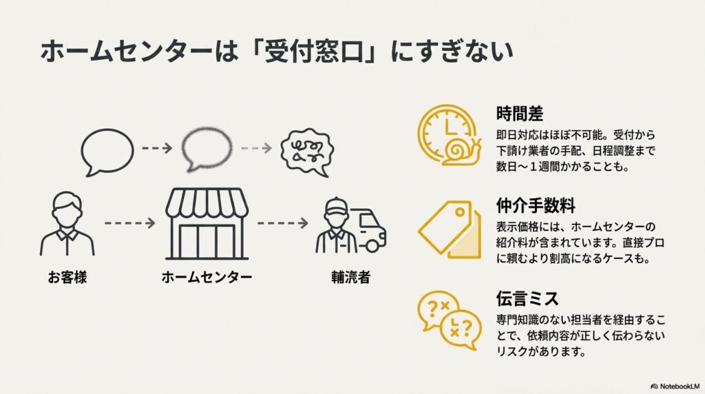 ホームセンターは受付窓口であり、下請け業者への連絡による「時間差」、仲介手数料による「割高」、伝言ゲームによる「ミス」が発生するリスクを示した図。