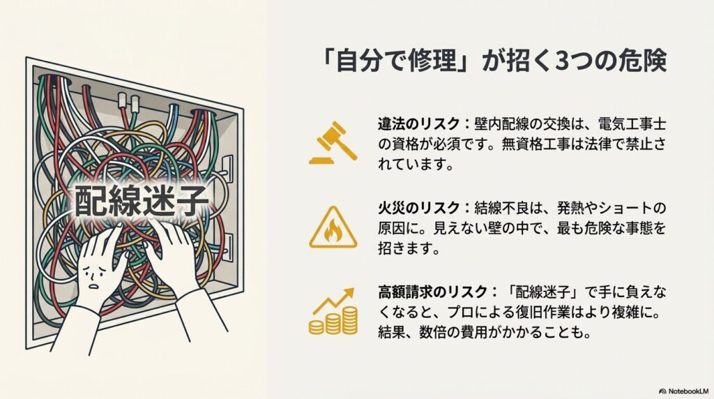 複雑に絡み合った配線のイラスト。「配線迷子」という文字と共に、違法性、火災リスク、高額請求リスクの3つの危険性を解説したスライド。