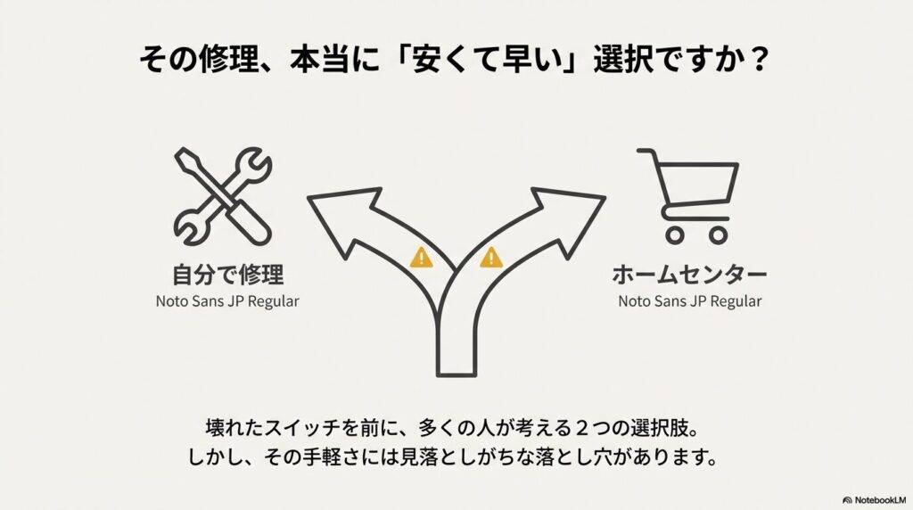 壊れたスイッチを前に、「自分で修理」するか「ホームセンター」に行くか迷っている分岐点のイラスト。