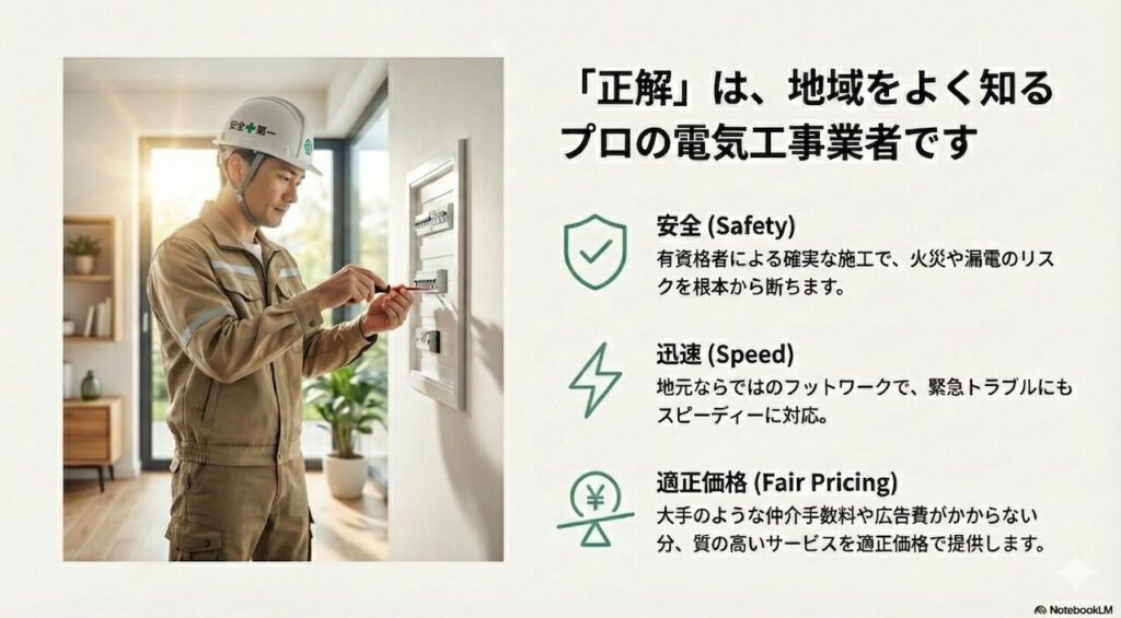地域のプロを選ぶ正解理由。「安全（Safety）」「迅速（Speed）」「適正価格（Fair Pricing）」の3つのポイントを挙げた図。