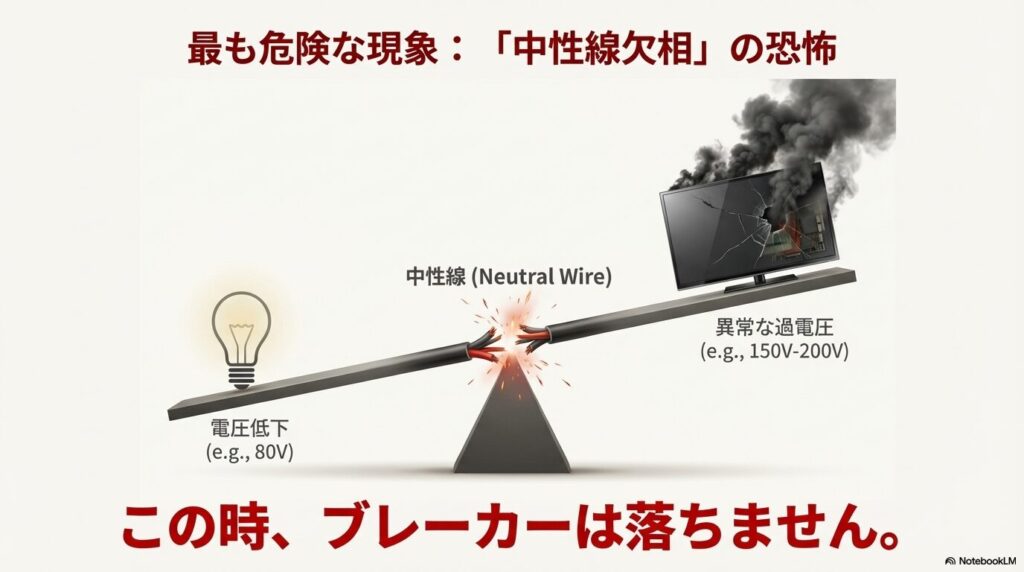 中性線欠相により異常な過電圧が発生し、テレビから煙が出ているイラスト。ブレーカーが落ちない危険性を指摘。