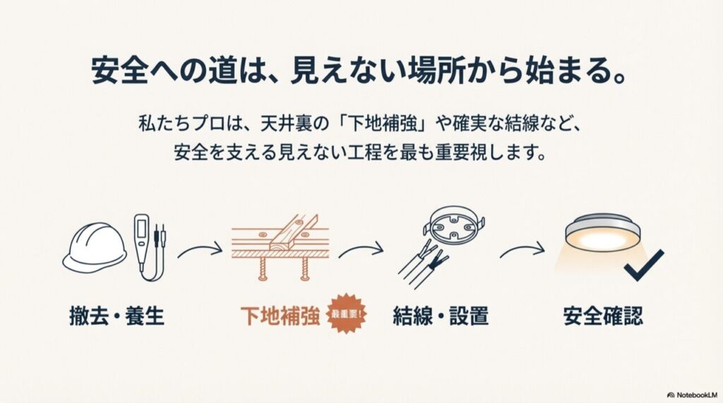 撤去、養生、下地補強、結線といった、プロが行う安全のための見えない工程フロー図。
