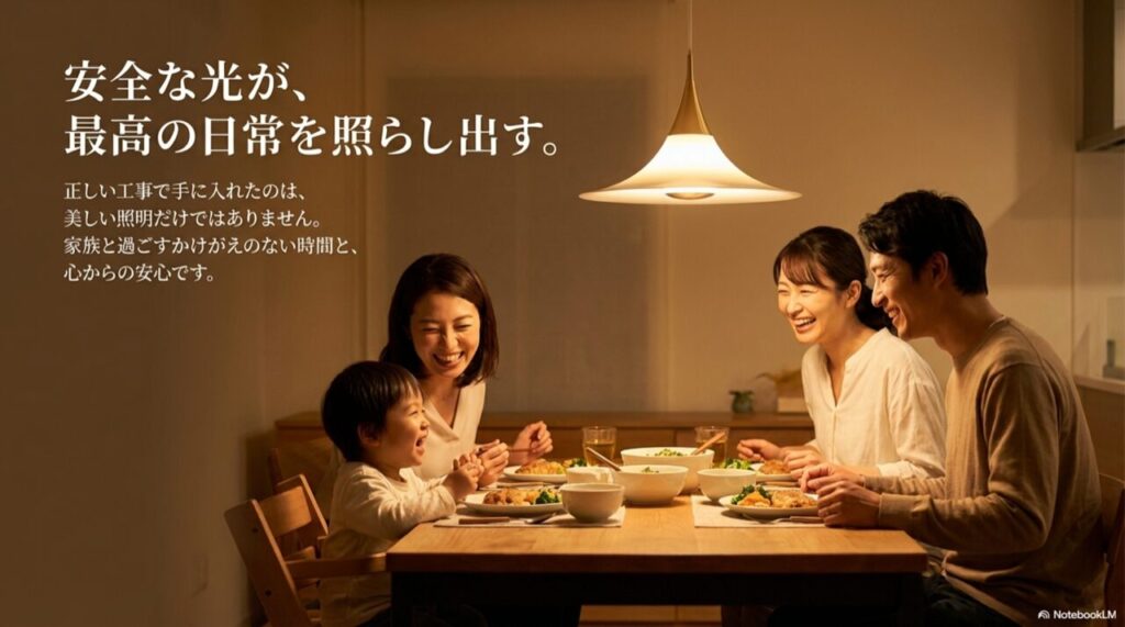 正しい工事で手に入れたのは照明だけでなく、家族との時間と安心であるというメッセージが書かれた画像。