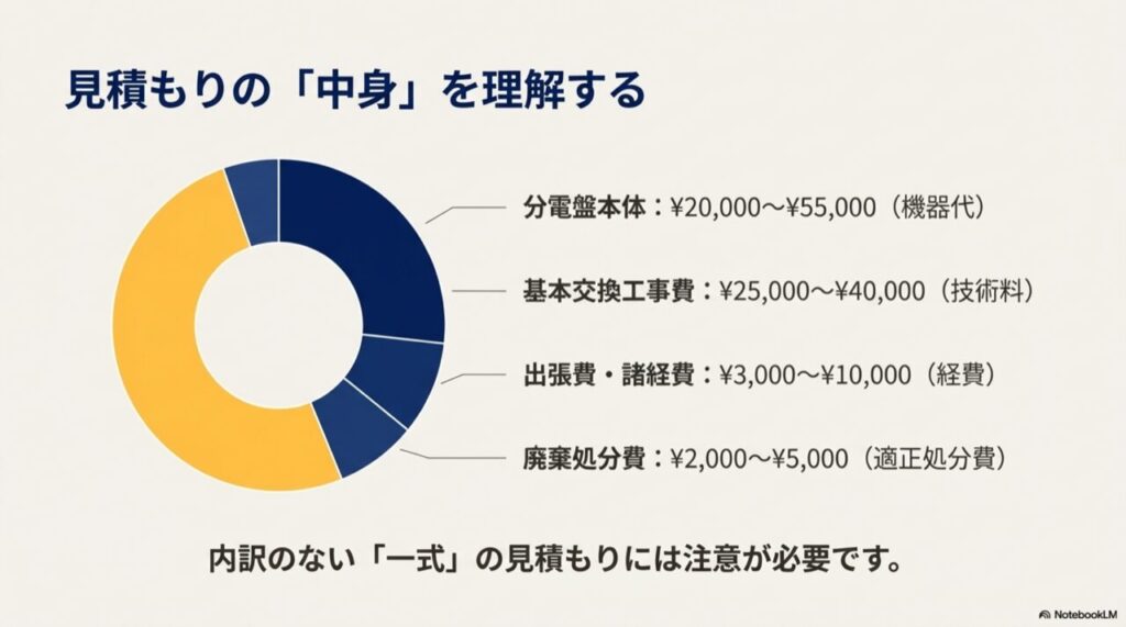 分電盤本体費、基本交換工事費、出張費、廃棄処分費の割合と金額目安を示した円グラフ