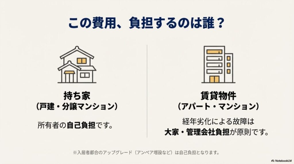 持ち家は自己負担、賃貸物件の経年劣化は大家・管理会社負担であることを説明したイラスト