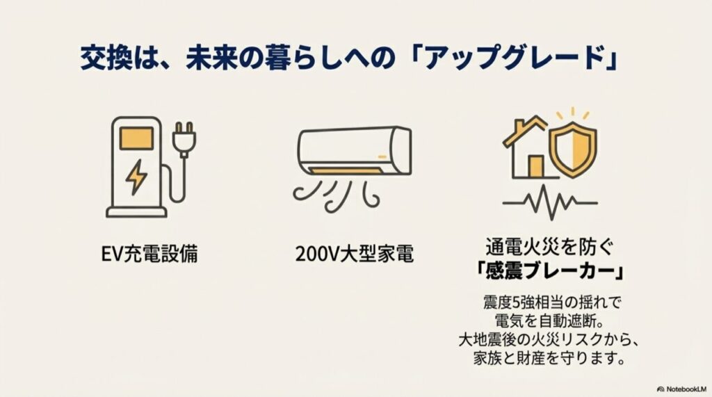 EV充電設備対応や通電火災を防ぐ感震ブレーカーなど、交換によって得られる未来の暮らしへのアップグレード機能