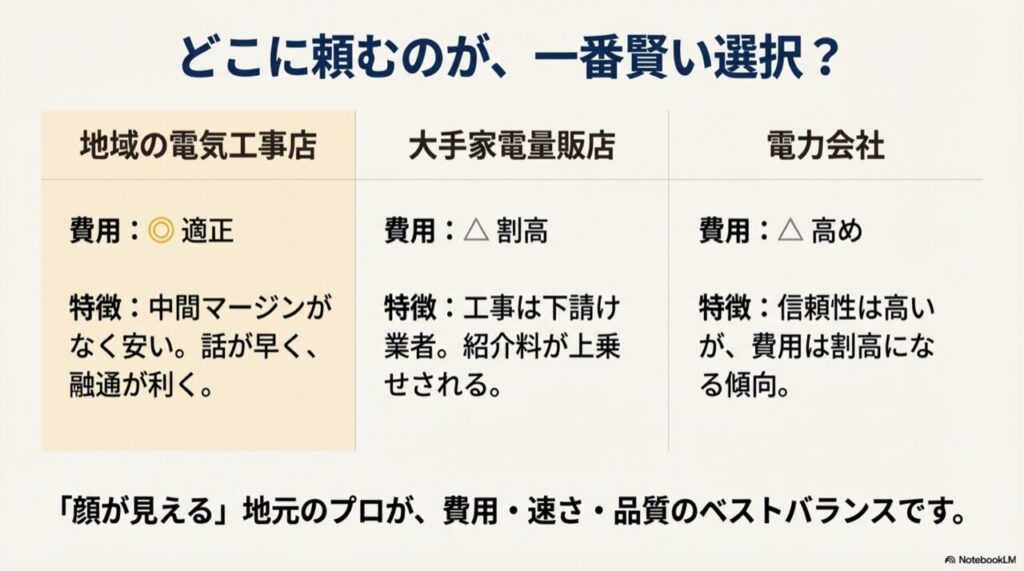 地域の電気工事店、大手家電量販店、電力会社それぞれの費用・特徴・メリットデメリットを比較した表