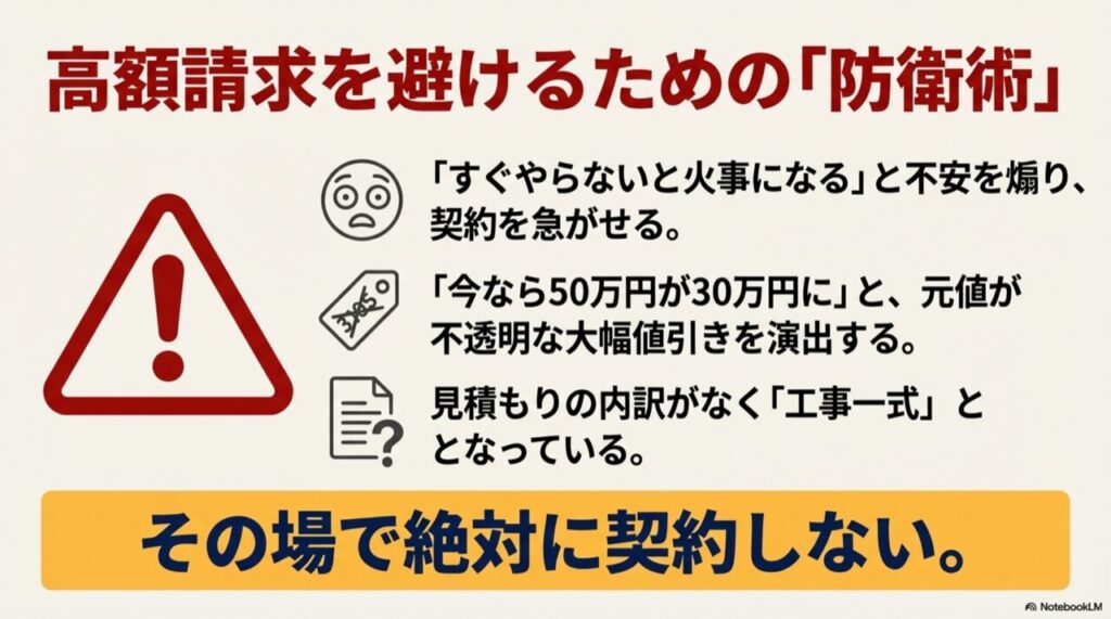 不安を煽る契約や内訳のない一式見積もりなど、高額請求をする業者の手口と契約しないための注意点