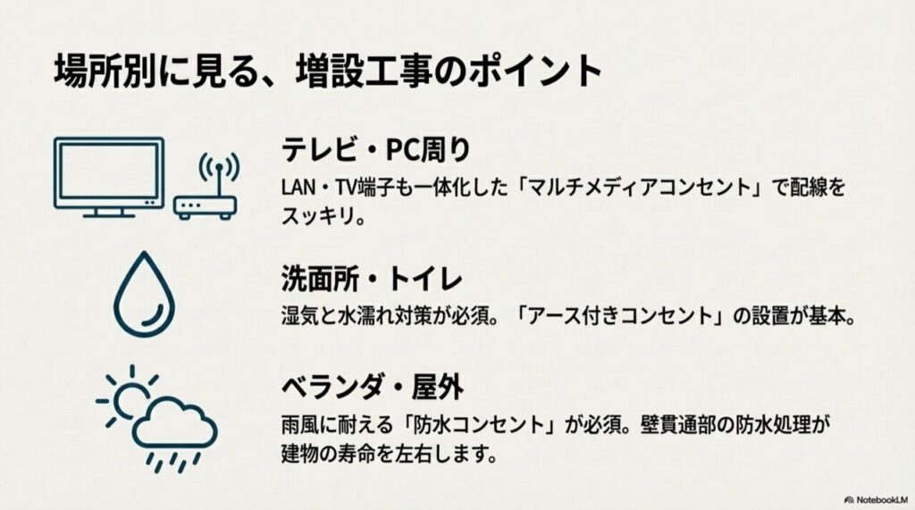 テレビ周りのマルチメディアコンセント、水回りのアース付きコンセント、屋外の防水コンセントなど、場所ごとの必須要件をまとめたスライド。
