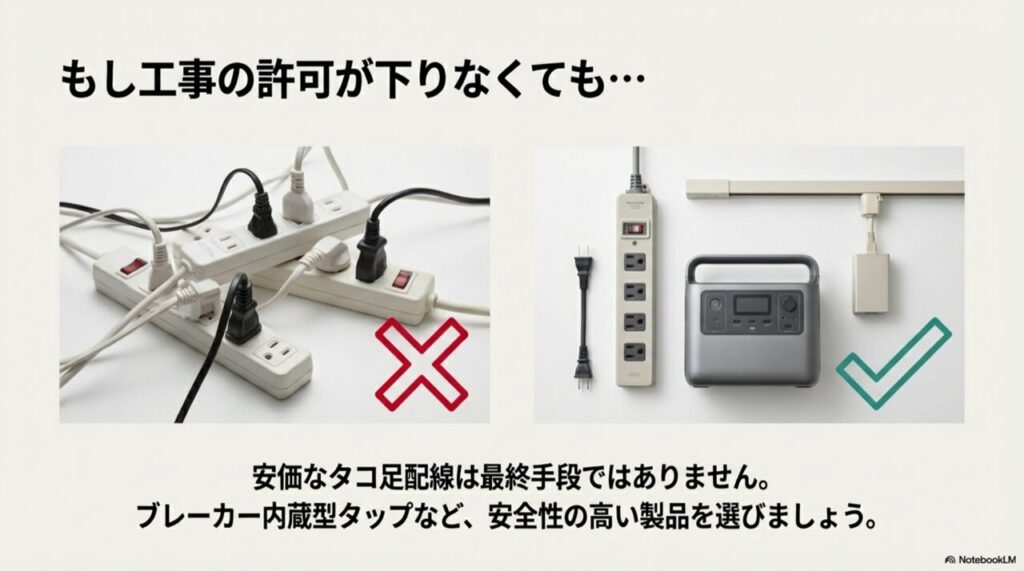 工事許可が降りなかった場合、安価なタコ足配線ではなく、安全性の高いブレーカー内蔵型タップを選ぶべきであるという提案画像。