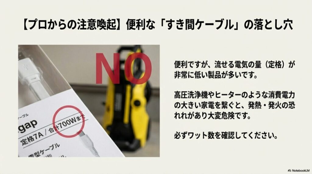 フラットケーブル（すき間ケーブル）の中には定格容量が低い製品があり、高出力家電に使うと発火の危険があるため、必ずワット数を確認するよう促す警告画像。