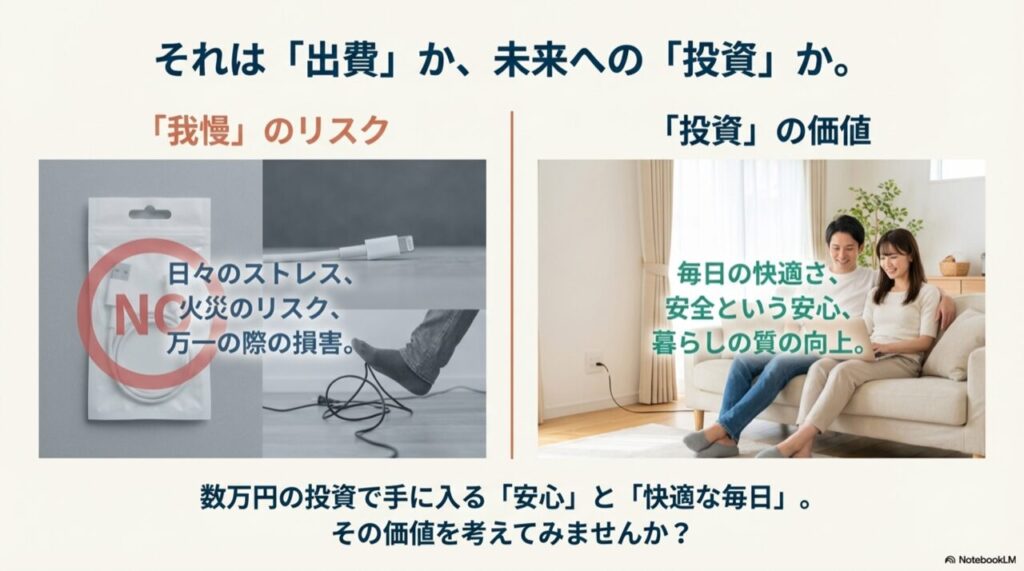 日々のストレスや火災リスクを抱え続けるコストと、工事による快適さと安全を手に入れる価値を比較し、工事が「投資」であることを訴求するスライド。