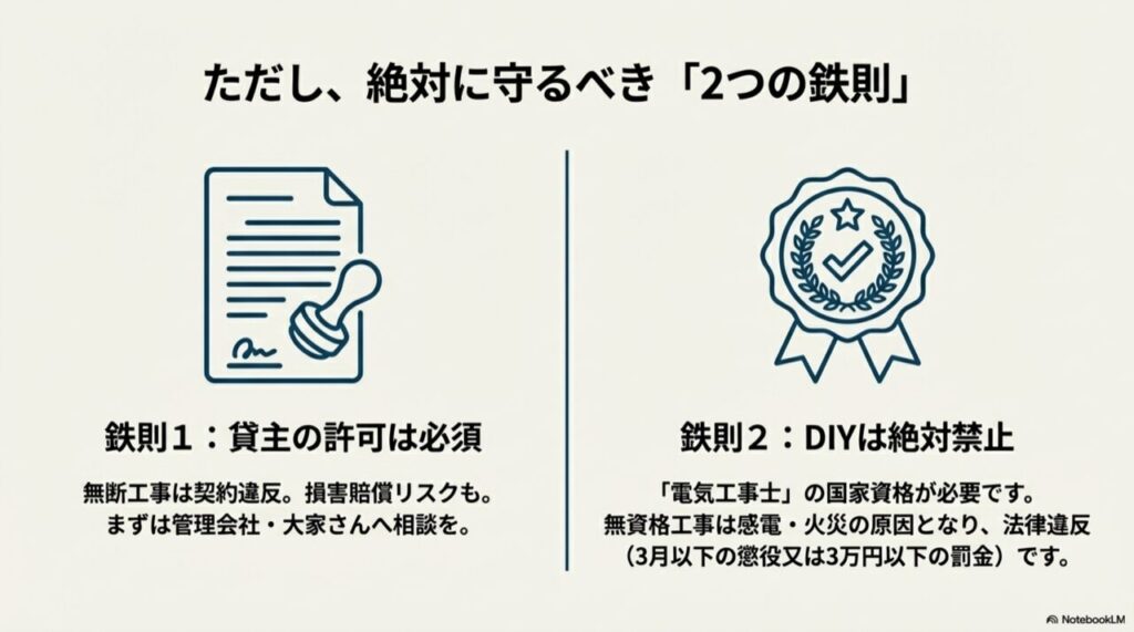 電気工事士の資格が必要であり、無資格でのDIY工事は法律違反（懲役または罰金）となることを警告するスライド。
