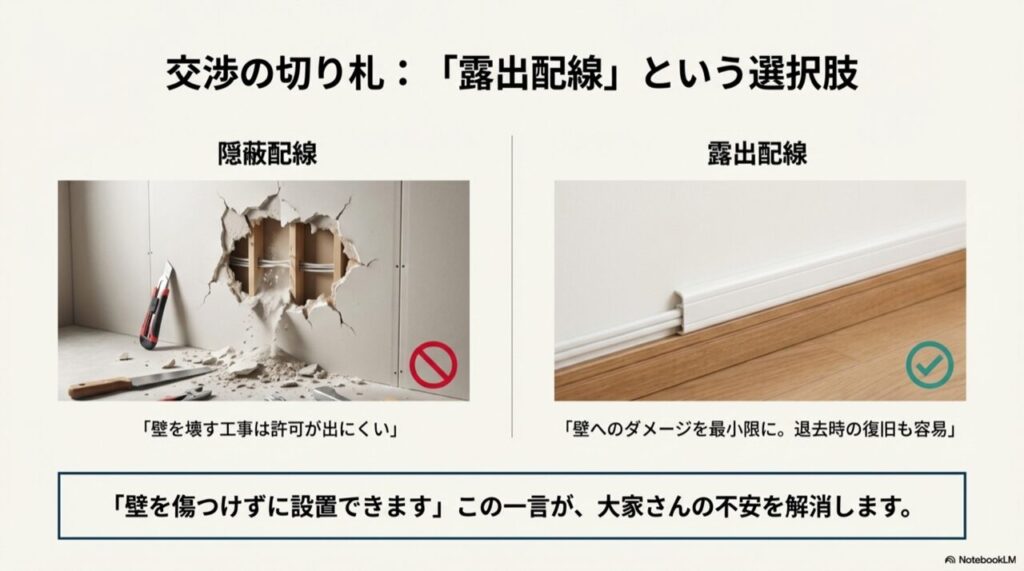 壁を大きく壊す隠蔽配線は許可が出にくいが、モールを使用した露出配線なら壁へのダメージが少なく、交渉の切り札になることを説明した比較画像。