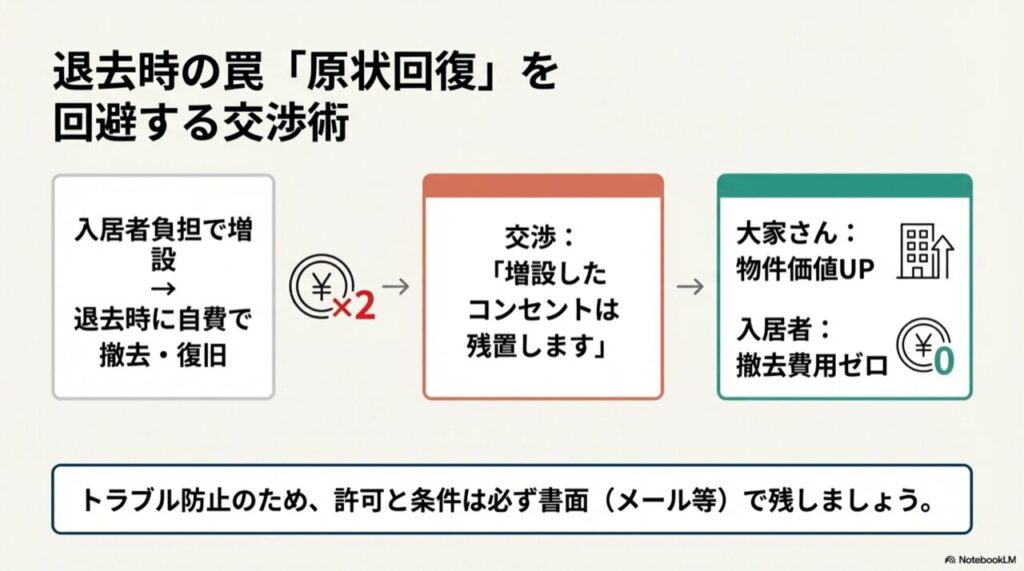 退去時に撤去費用を払うのではなく、「設備を残置する」ことで大家さんには物件価値向上、入居者には撤去費ゼロというメリットがあることを示す交渉図。
