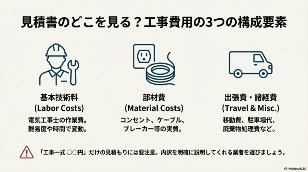 電気工事の見積もりが「基本技術料」「部材費」「出張費・諸経費」の3つで構成されていることを解説したイラスト。
